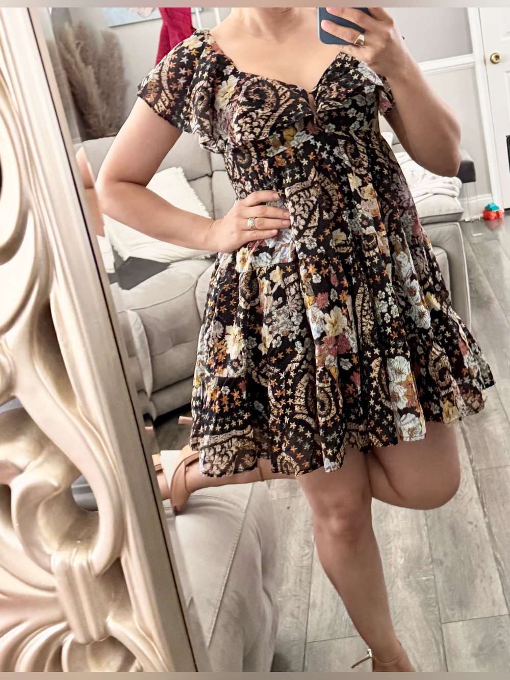 Boho Floral Short Sleeve Mini Dress - Black Floral